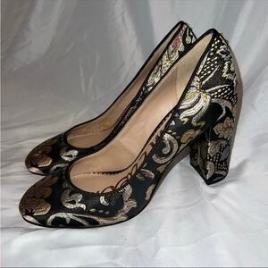 Sam Edelman Black and Gold Floral Heels